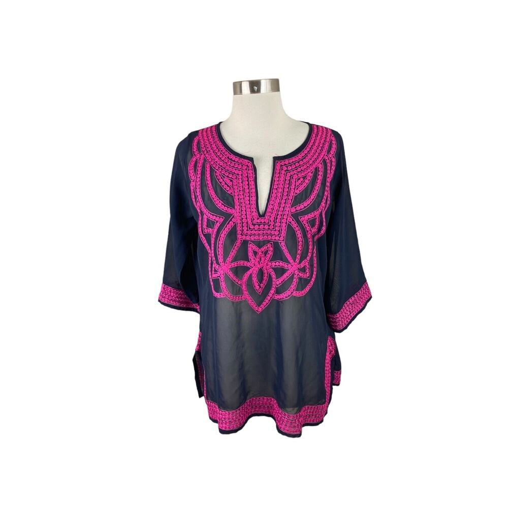 Gretchen Scott Navy Pink Embroidered Semi Sheer Tunic Coverup Beachy Coastal S